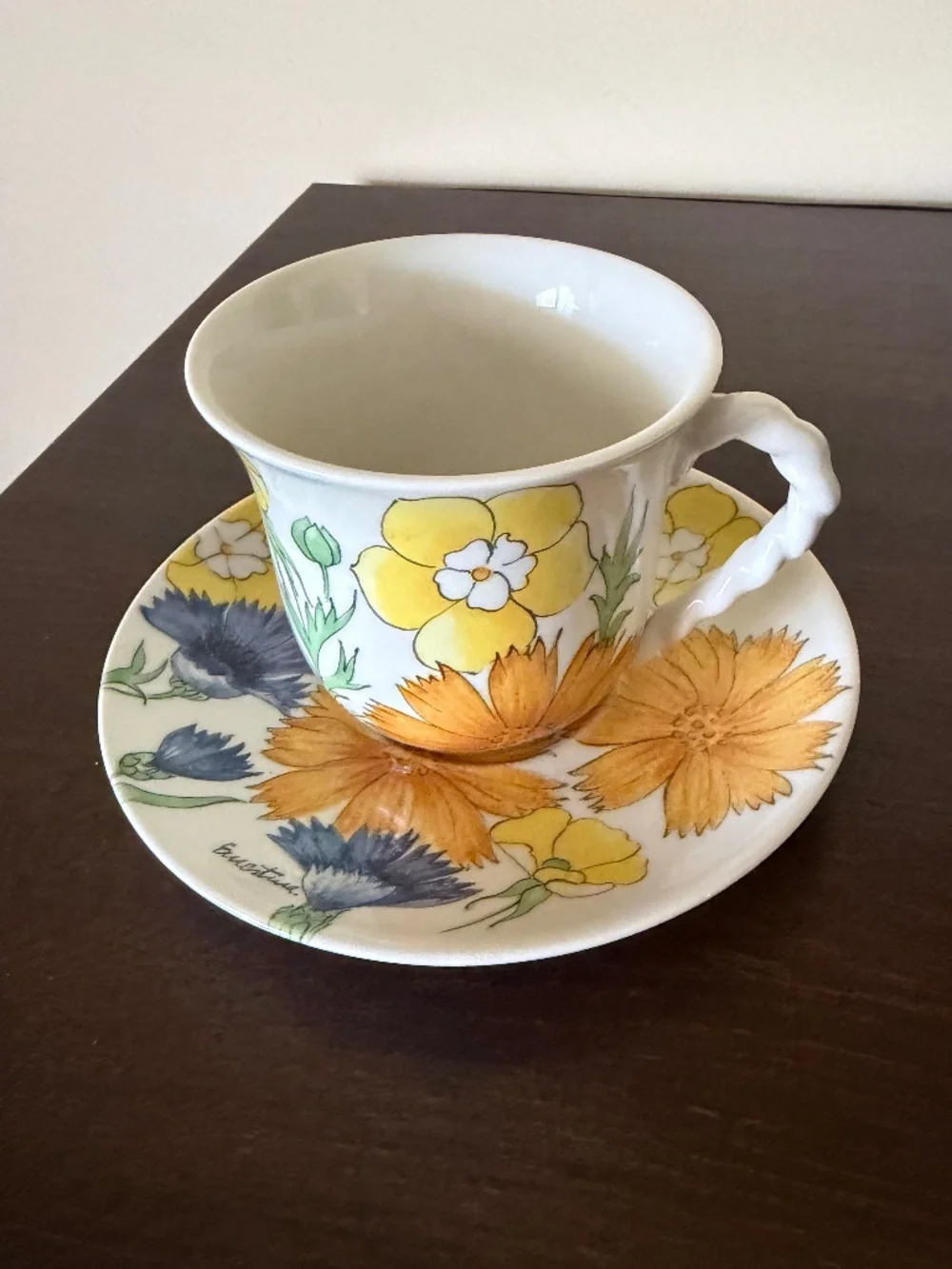 MCM Vintage SIGNED Ernestine Salerno Italy Yellow Orange Blue Tea Cup Saucer Set